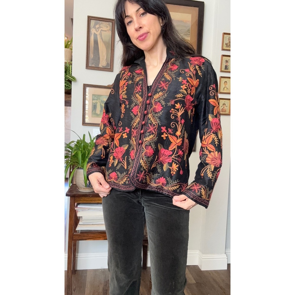Norm Thompson Womens Silk Embroidered Floral Jacket Black Mandarin Collar Size M - Picture 4 of 8